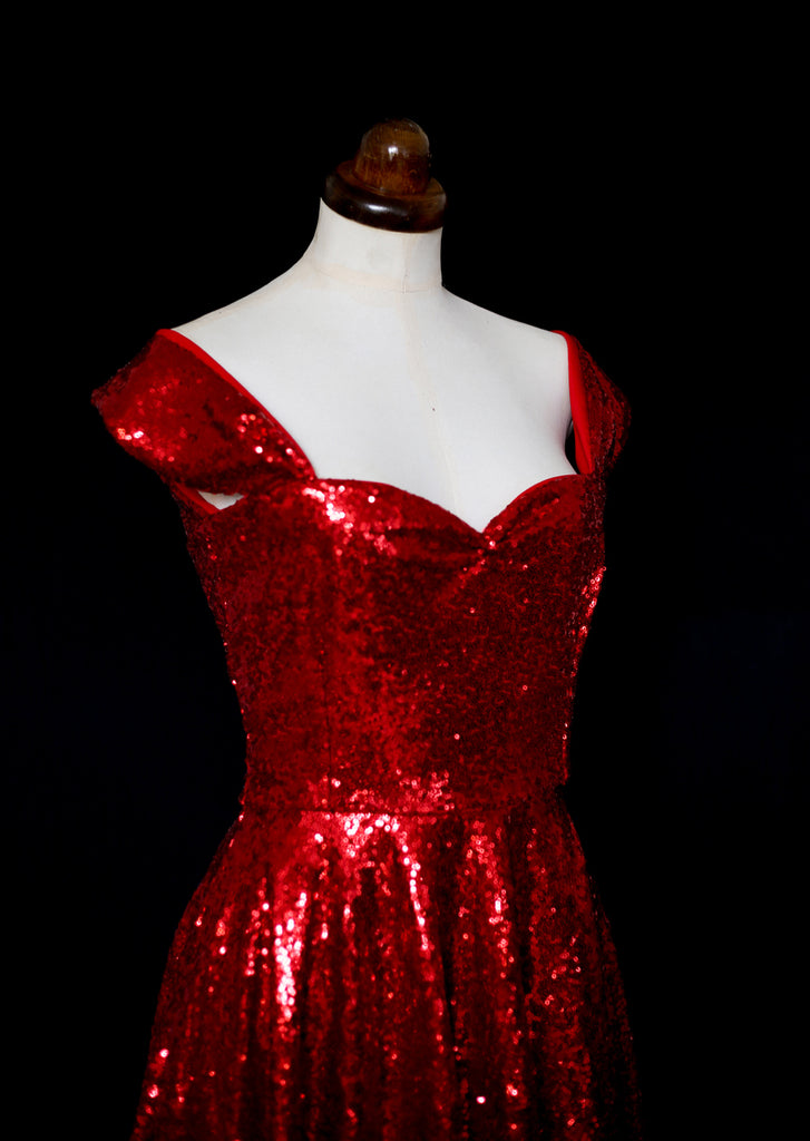 red sequin 1950s style dress alexandra king deadly is the female