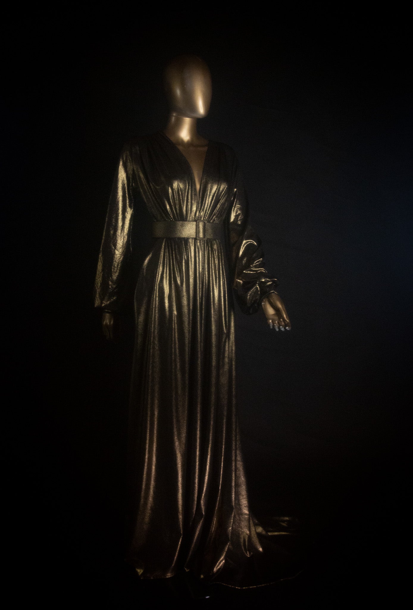 Gold metallic lame Old Hoolywood maxi dress gown Alexandra King