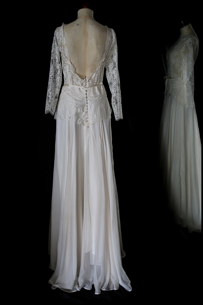 french lace and chiffon bespoke bridal gown alexandra king