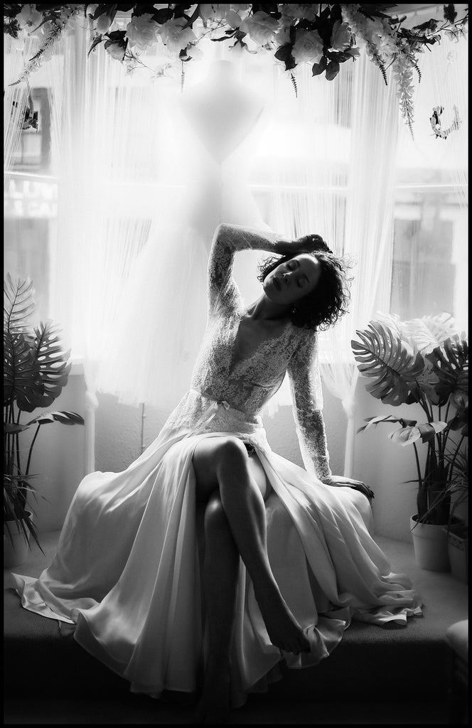 couture French lace and chiffon bespoke wedding dress alexandra king