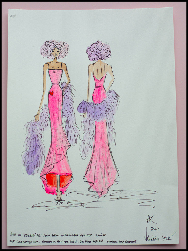 fashion design drawing of Y2K 2000s pink dress by designer Alexandra King