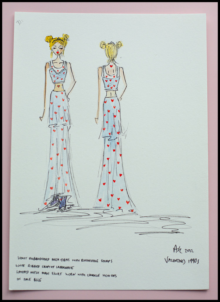 costume design drawing of 1990s grunge love heart outfit by fashion designer Alexandra King
