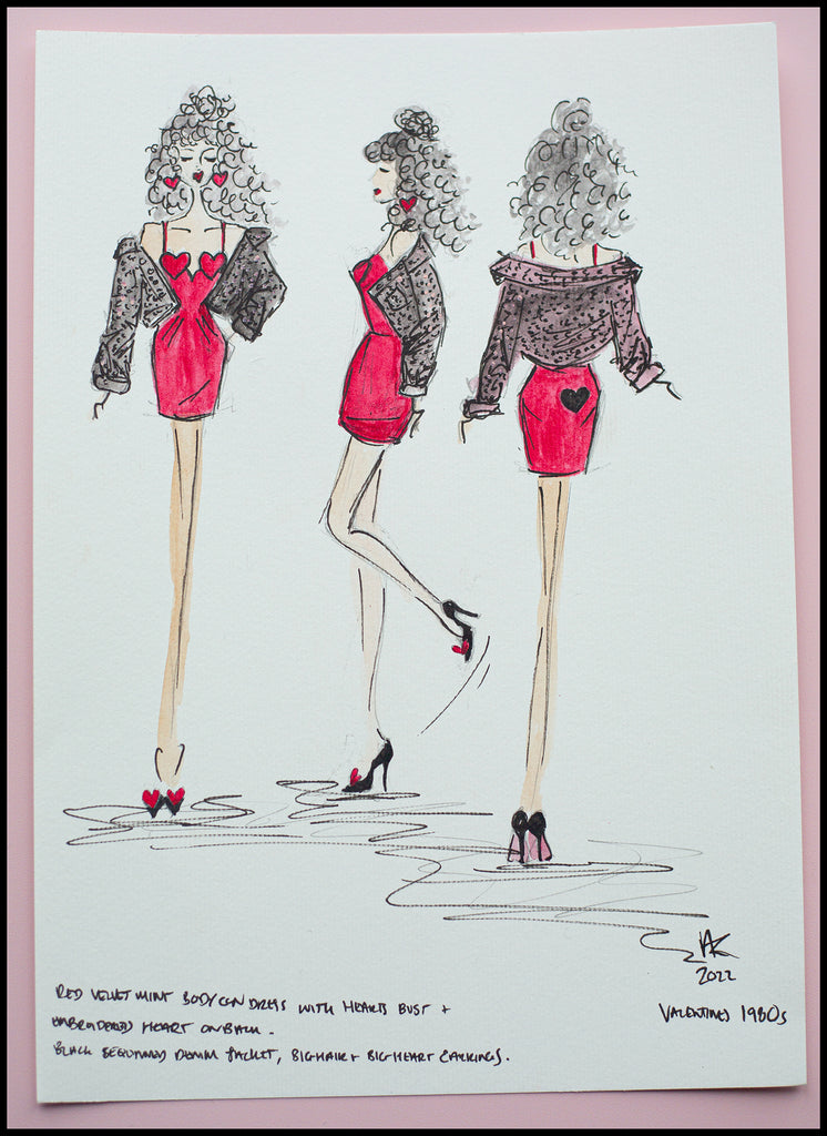 costume design drawing of 1980s red love heart dress by fashion designer Alexandra King