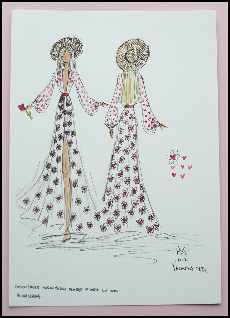 fashion design drawing of 1970s muslin heart print maxi dress by designer Alexandra King