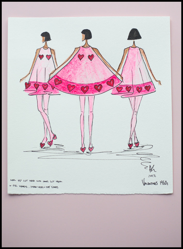 fashion design sketch of 1960s pink heart mini dress by designer Alexandra King