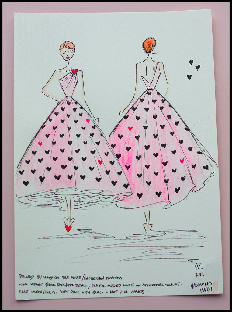 Fashion design drawing of 1950s pink heart cocktail dress by designer Alexandra King