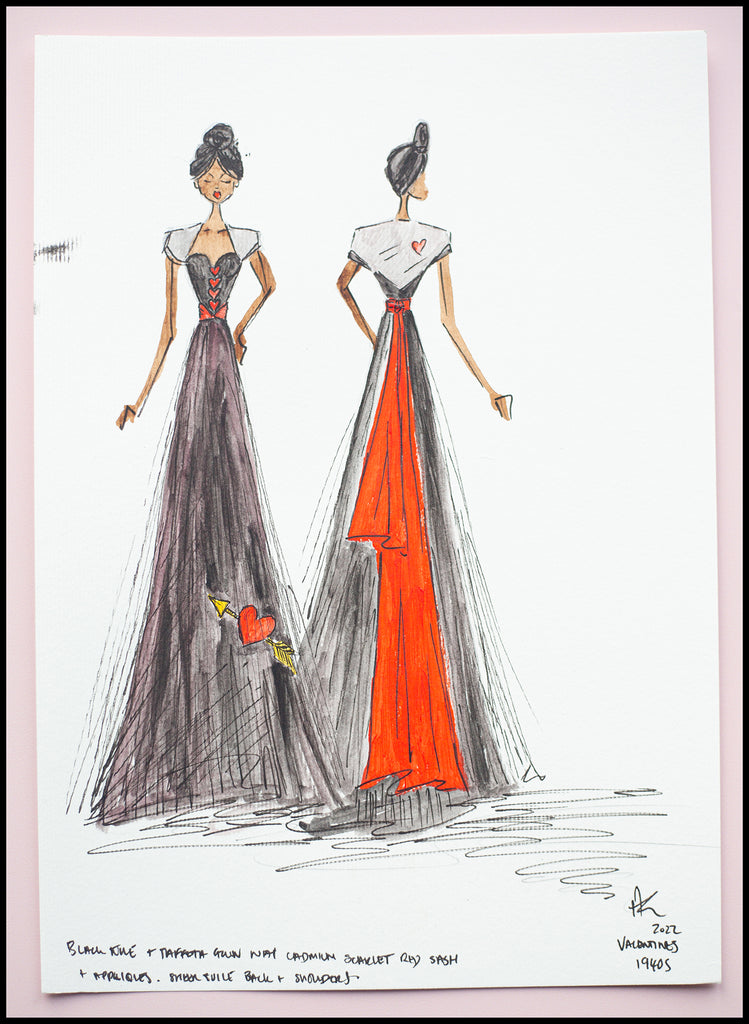 fashion design drawing of black and red love heart dress by designer Alexandra King