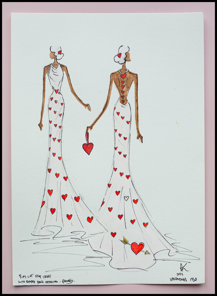 fashion design drawing of 1930s bias cut red and white heart dress by designer Alexandra King