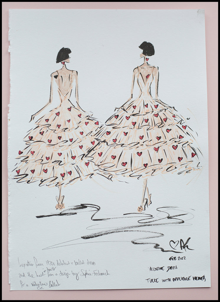 fashion design drawing of 1920s champagne hearts dress by Alexandra King 