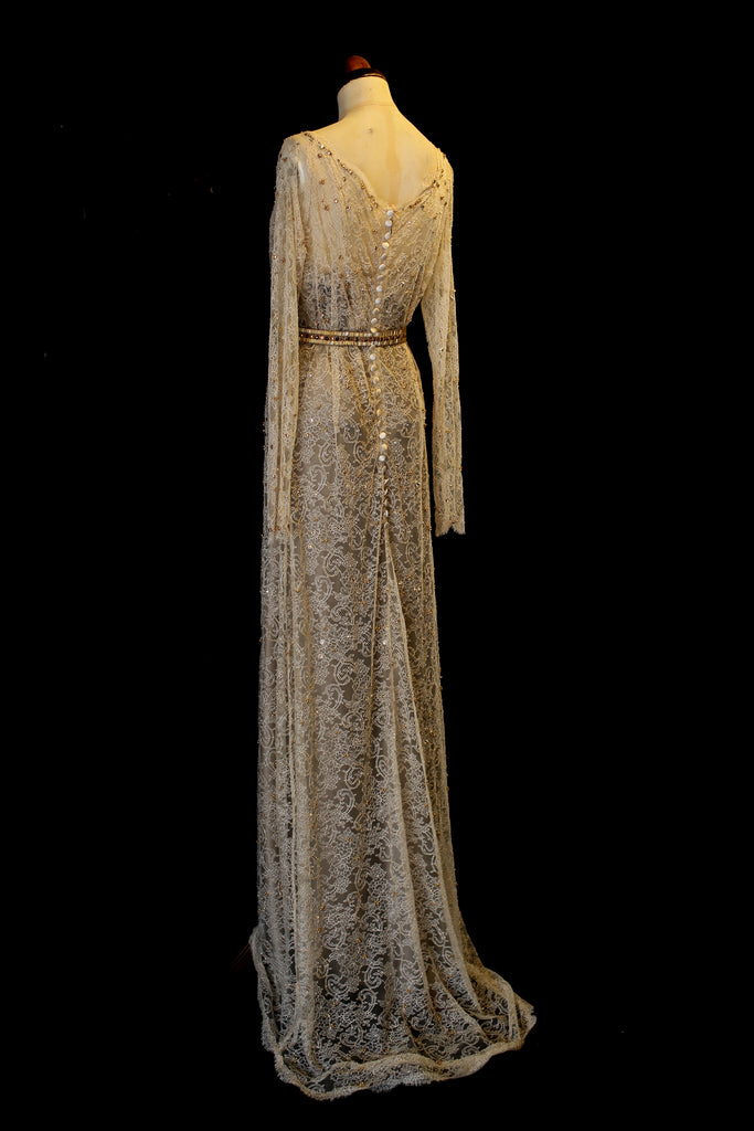 beaded gold lace long sleeve wedding dress by Alexandra King 