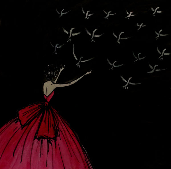 Hope for the New Year, Alexandra King sketch of woman in red dress releasing doves.