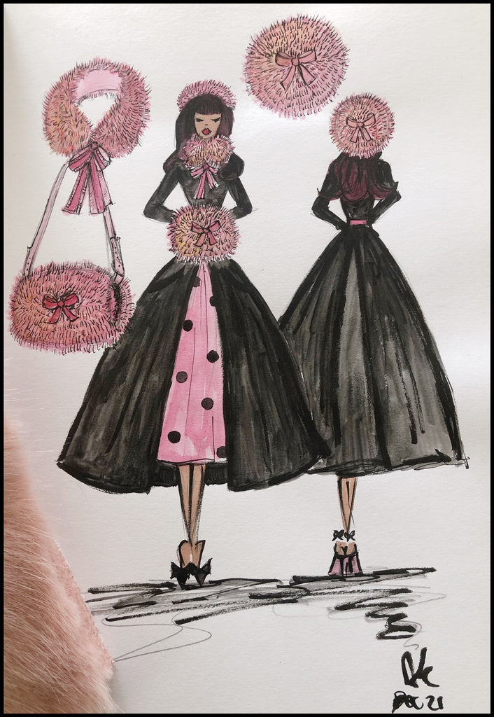 Alexandra King Sketch for Pink powder puff hat and muff set 2022