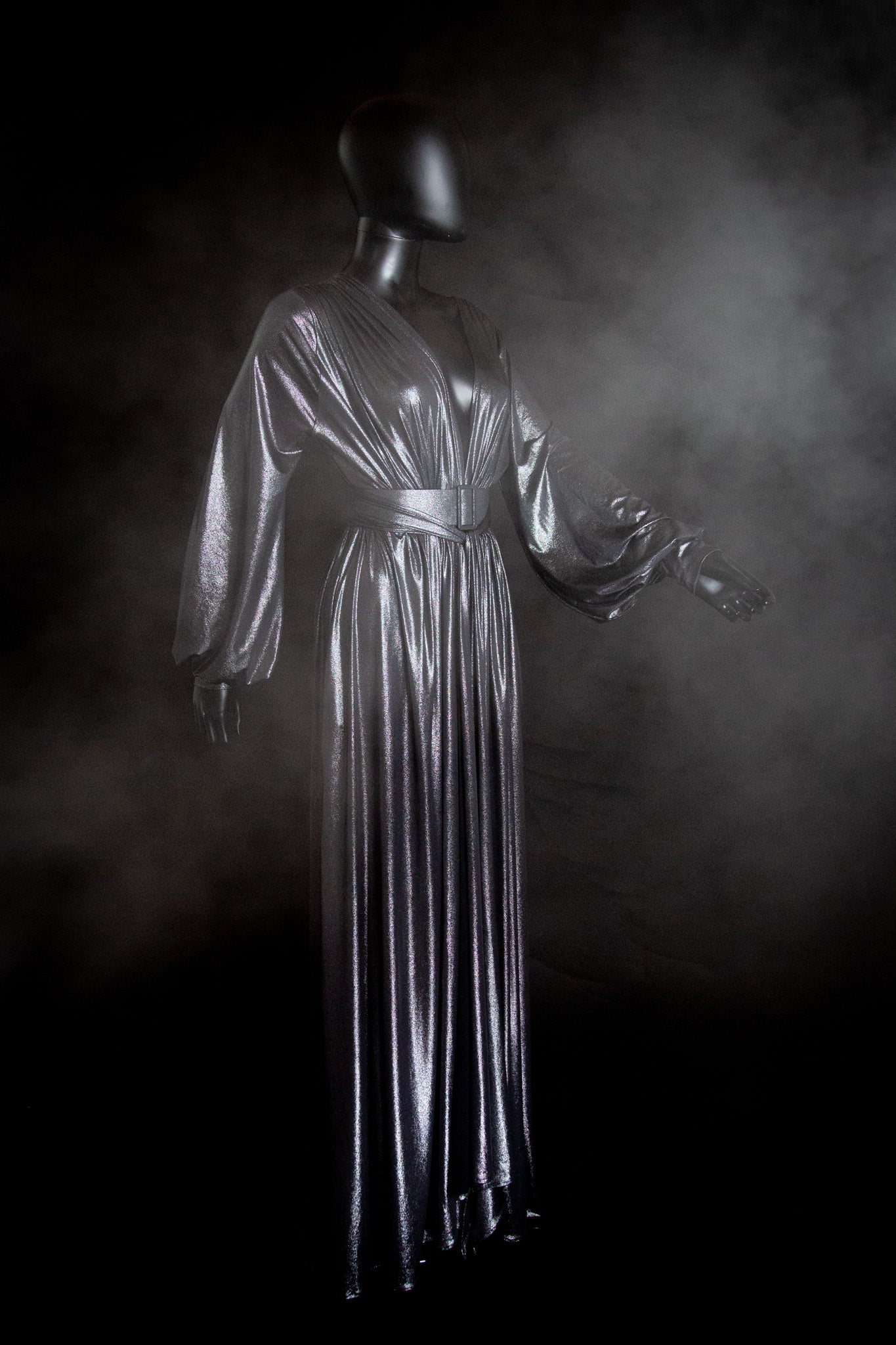 silver metallic lame Old Hoolywood maxi dress gown Alexandra King