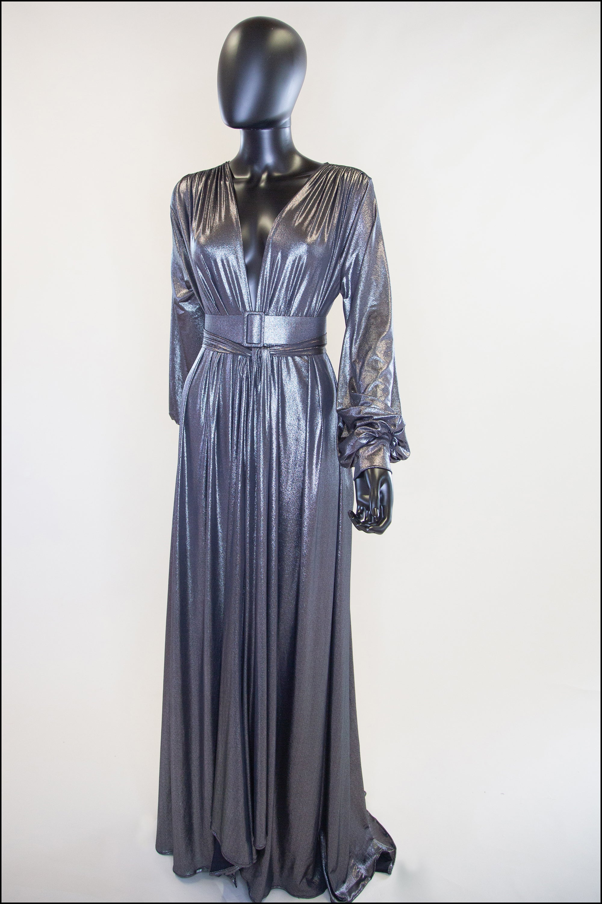 Silver metallic lame Old Hoolywood maxi dress gown Alexandra King