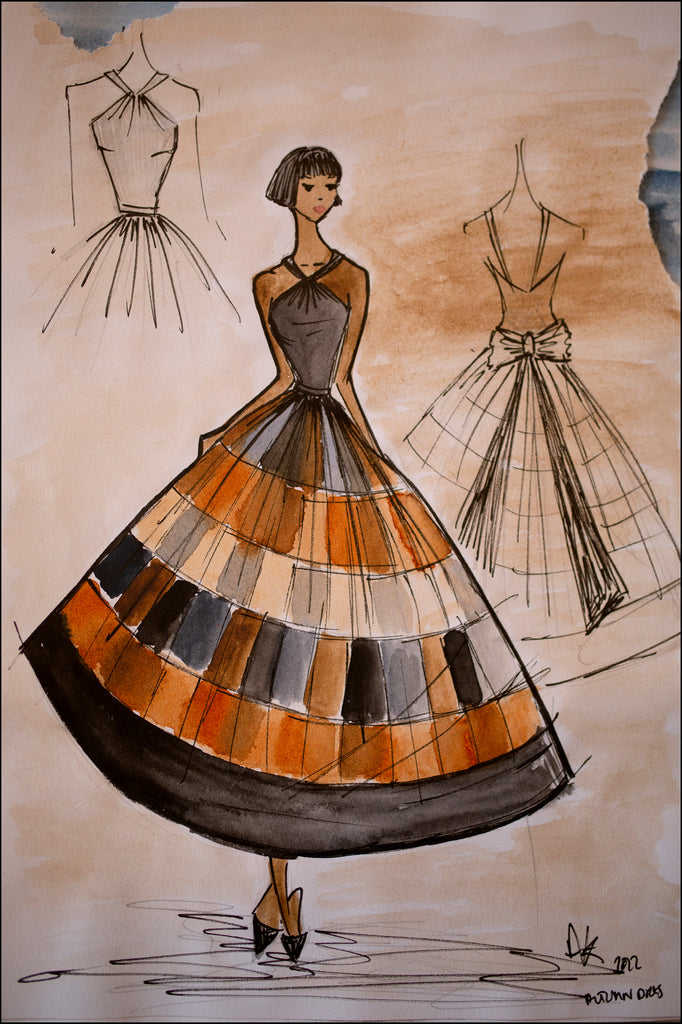 silk ballgown dress Autumn browns Alexandra King Couture Dress Designer sketch