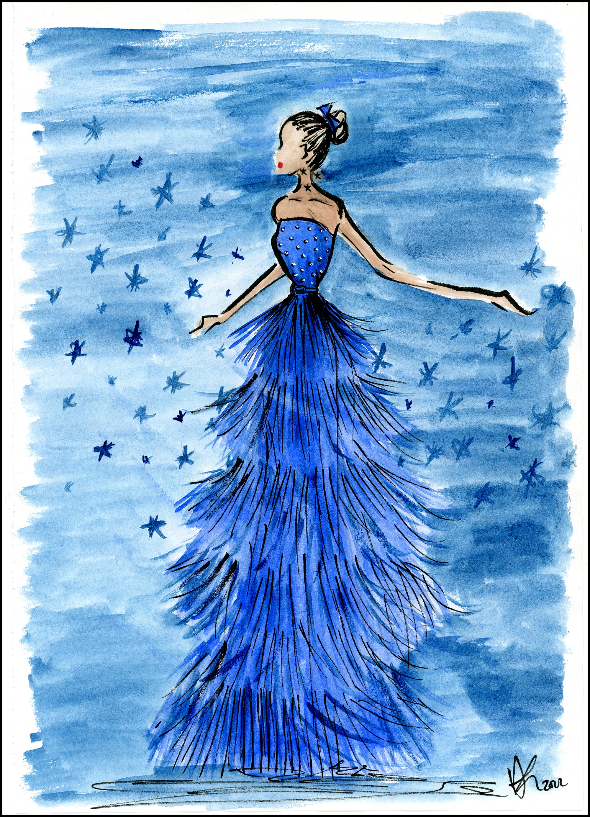 blue tassel dress sketch Alexandra King 