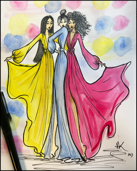 colour pop maxi dresses by Alexandra King fashion drawing