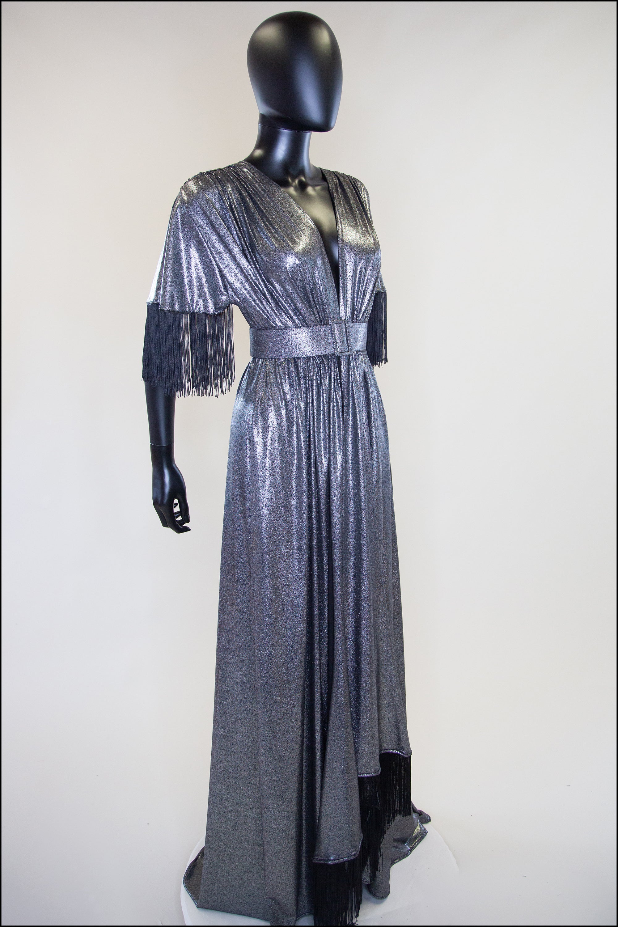 Silver Fringed metallic lame Old Hoolywood maxi dress gown Alexandra King