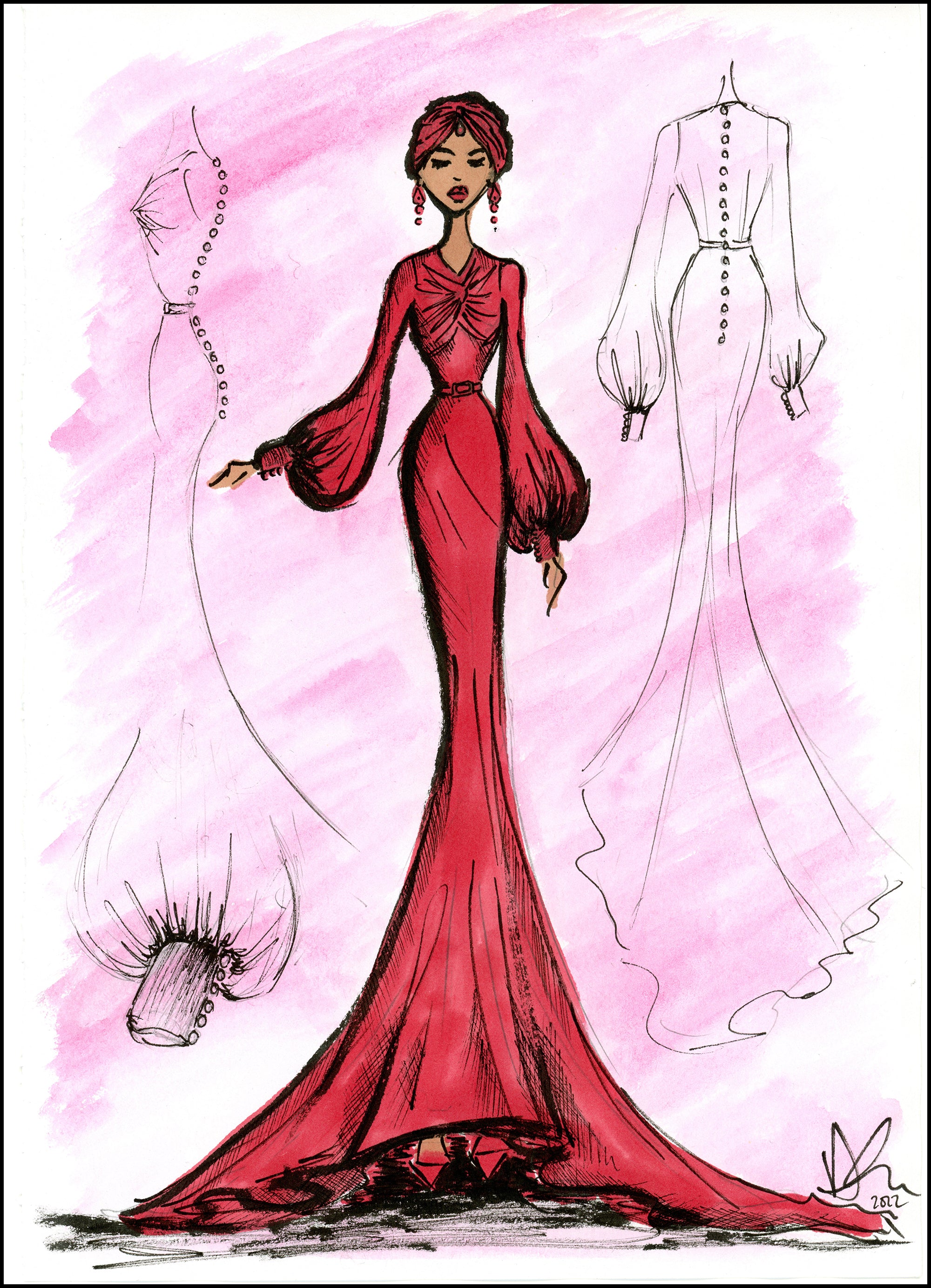Red velvet Myrna Dress sketch Alexandra King