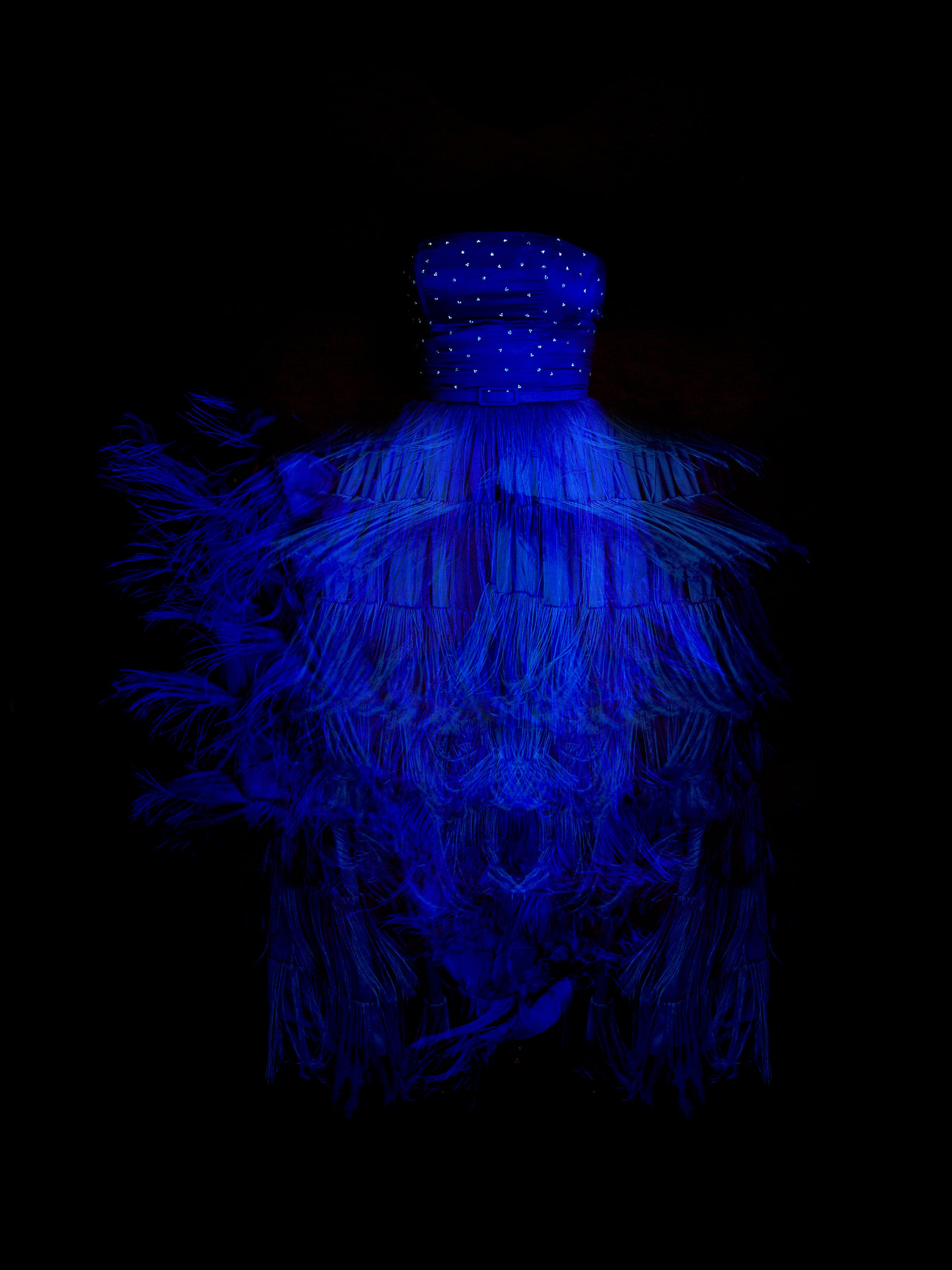 blue silk tasselled dress by Alexandra King 