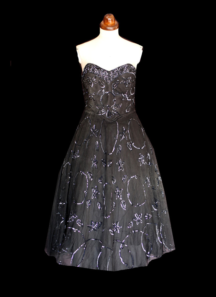vintage 1950s black sequin tulle cocktail dress