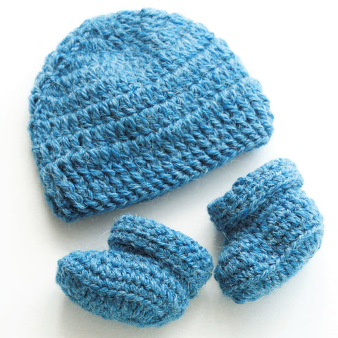 Newborn Baby Hand Crocheted Baby Beanie and Booties - Dusty Blue