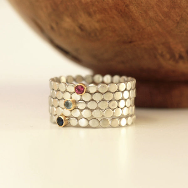 handmade silver and gold birthstone stacker rings