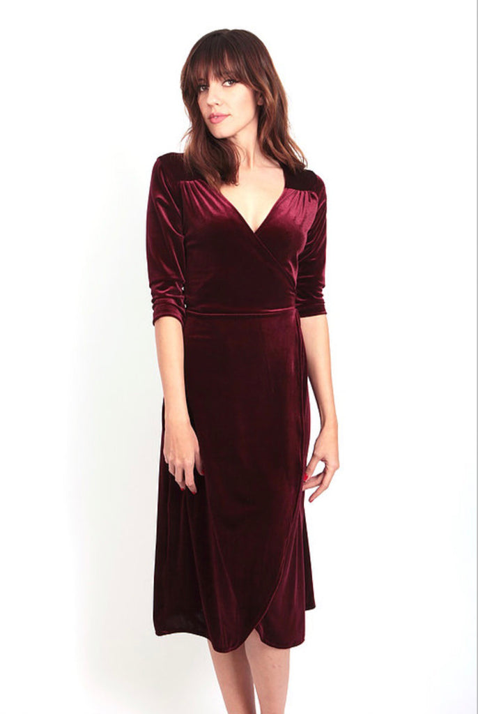 maroon velvet wrap dress