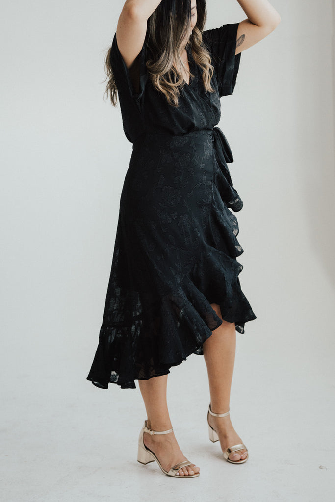 black ruffle wrap dress