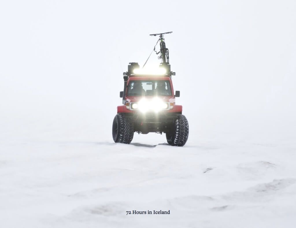 Image of an ATV in snowy slopes. The image has text which reads '72 hours in Iceland.'