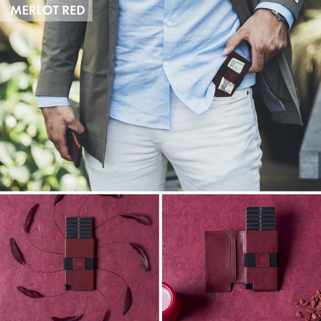 Three images showcasing the kickstarter wallet in a new color. A man slides the slim wallet into his pocket in the first image. Second and third images show a red slim wallet against a red background.