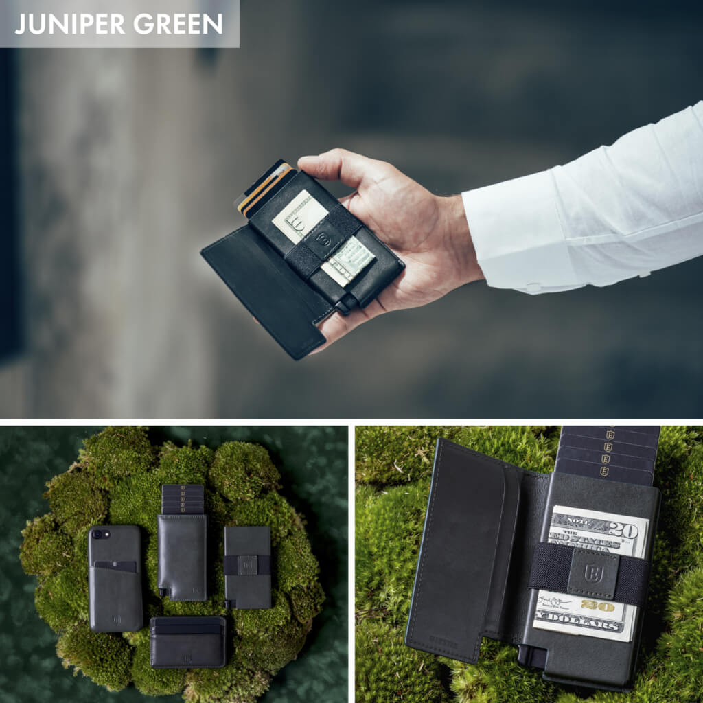 Three varied images: one of a man holding the kickstarter wallet; one displaying different minimalist wallets and cardholders on a mossy background; one showcasing the best smart wallet against a green background.