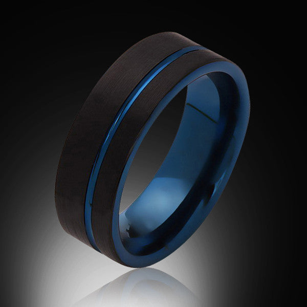 Blue Tungsten Ring - Brushed Black - Offset Groove - Engagement Band ...