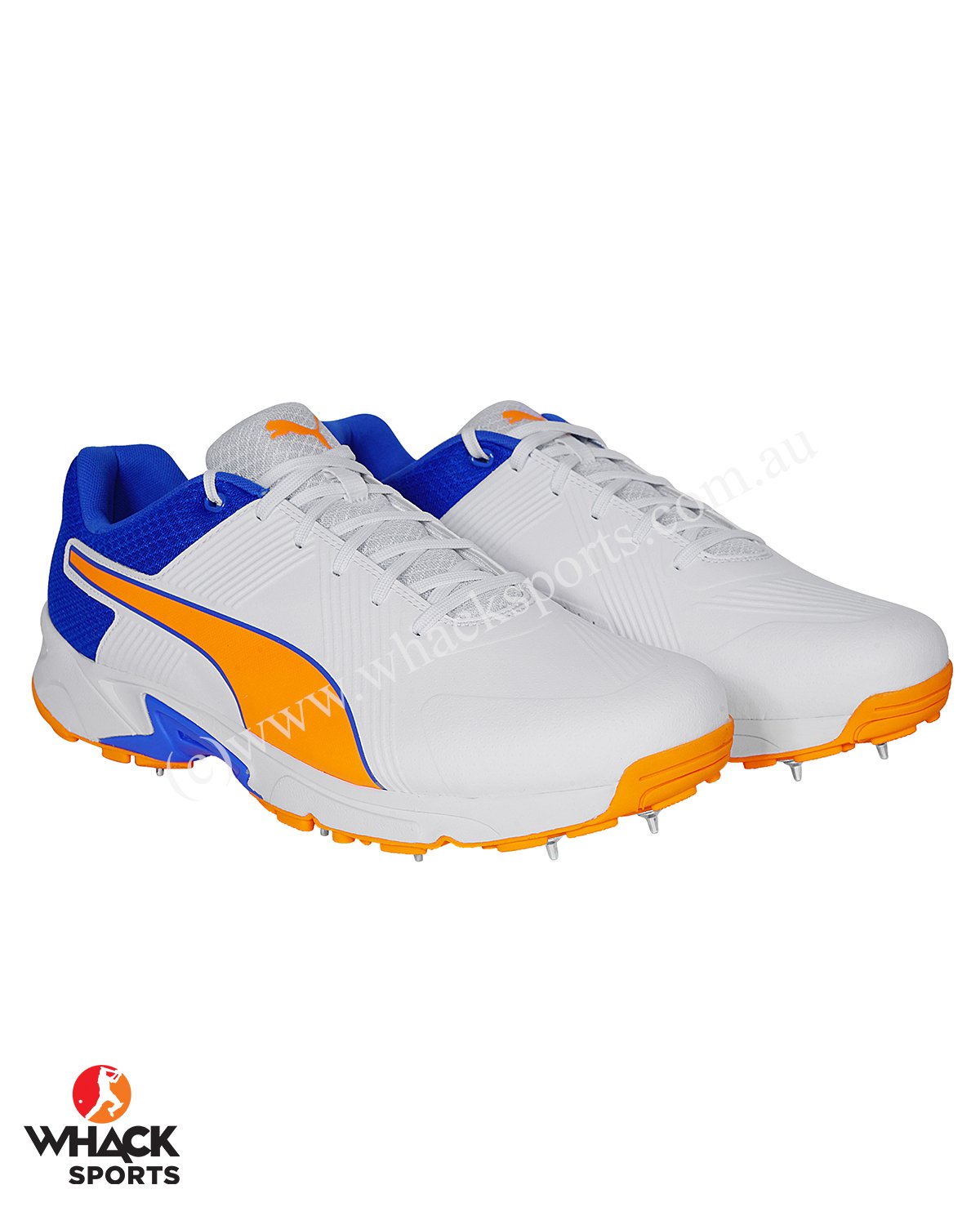 Puma 19.2 Shoes - Steel Spikes - White Bluemazing Orange Glow – WHACK Sports