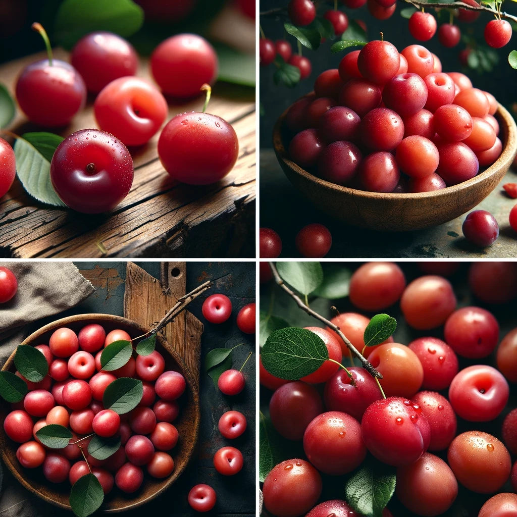 Close-up images of Sandhill Plum fruits, showing their vibrant red hue, small round shape, and juicy texture. The fruits are depicted in various stage