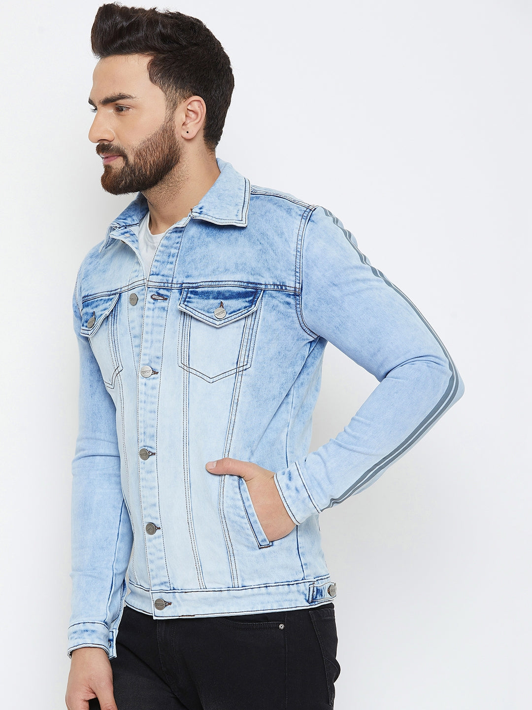 denim jacket with stripes on sleeve