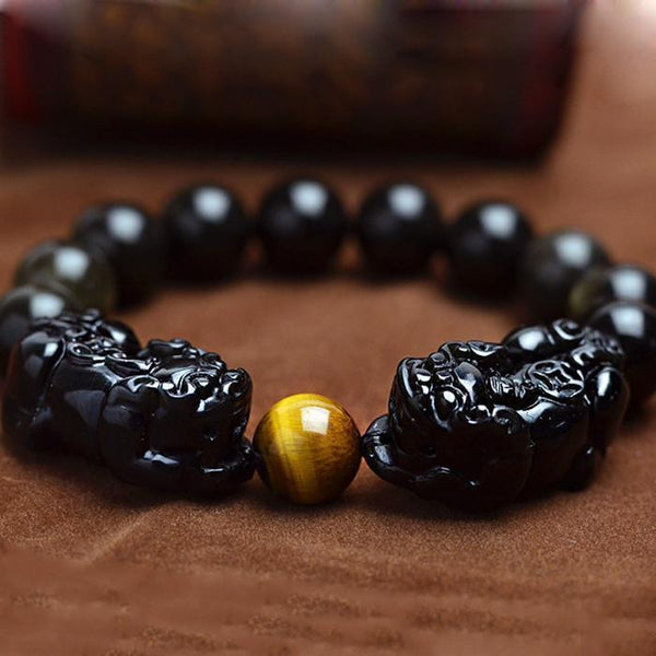 Obsidian Stone Carved PIXIU Beads Bracelet – Empire of the Gods