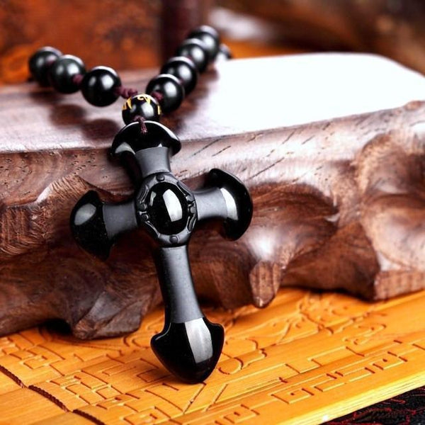 black obsidian stone cross necklace