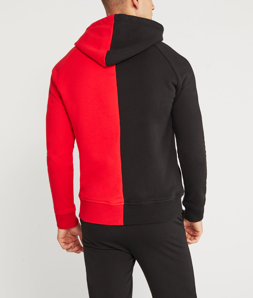 black and red split hoodie