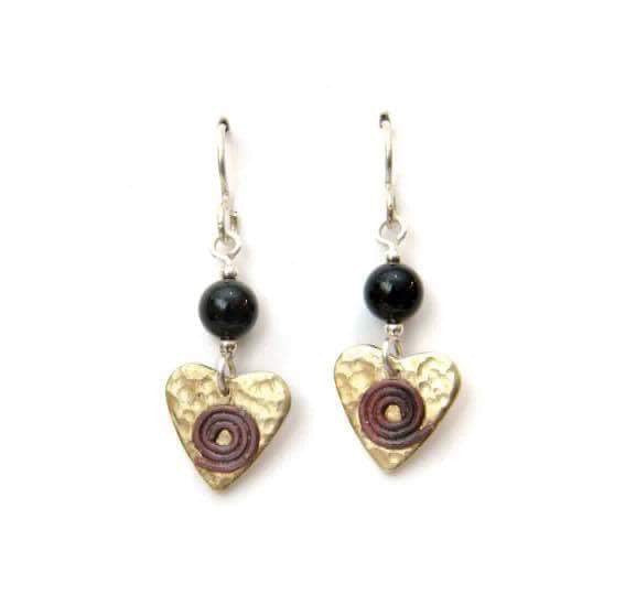 Brass heart earrings with onyx.