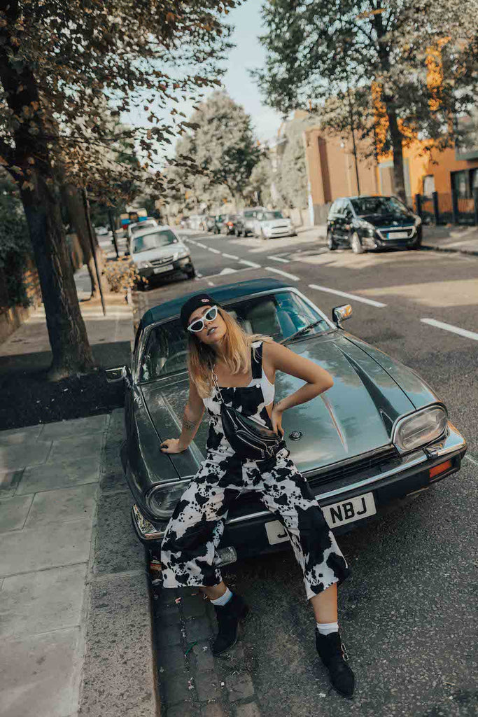 Cow print dungarees Fashion Blogger Blog Outfit Faux Fur