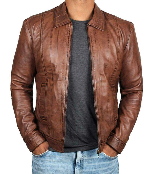 Koza Leathers Men's Genuine Lambskin Leather Vintage Bomber Jacket VJ0