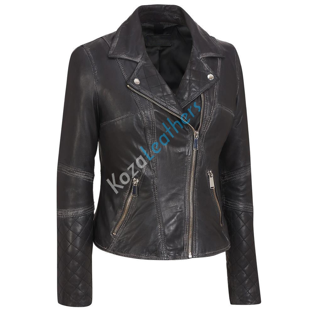 Biker / Motorcycle Jacket - Women Real Lambskin Leather Biker Jacket KW139 - Koza Leathers