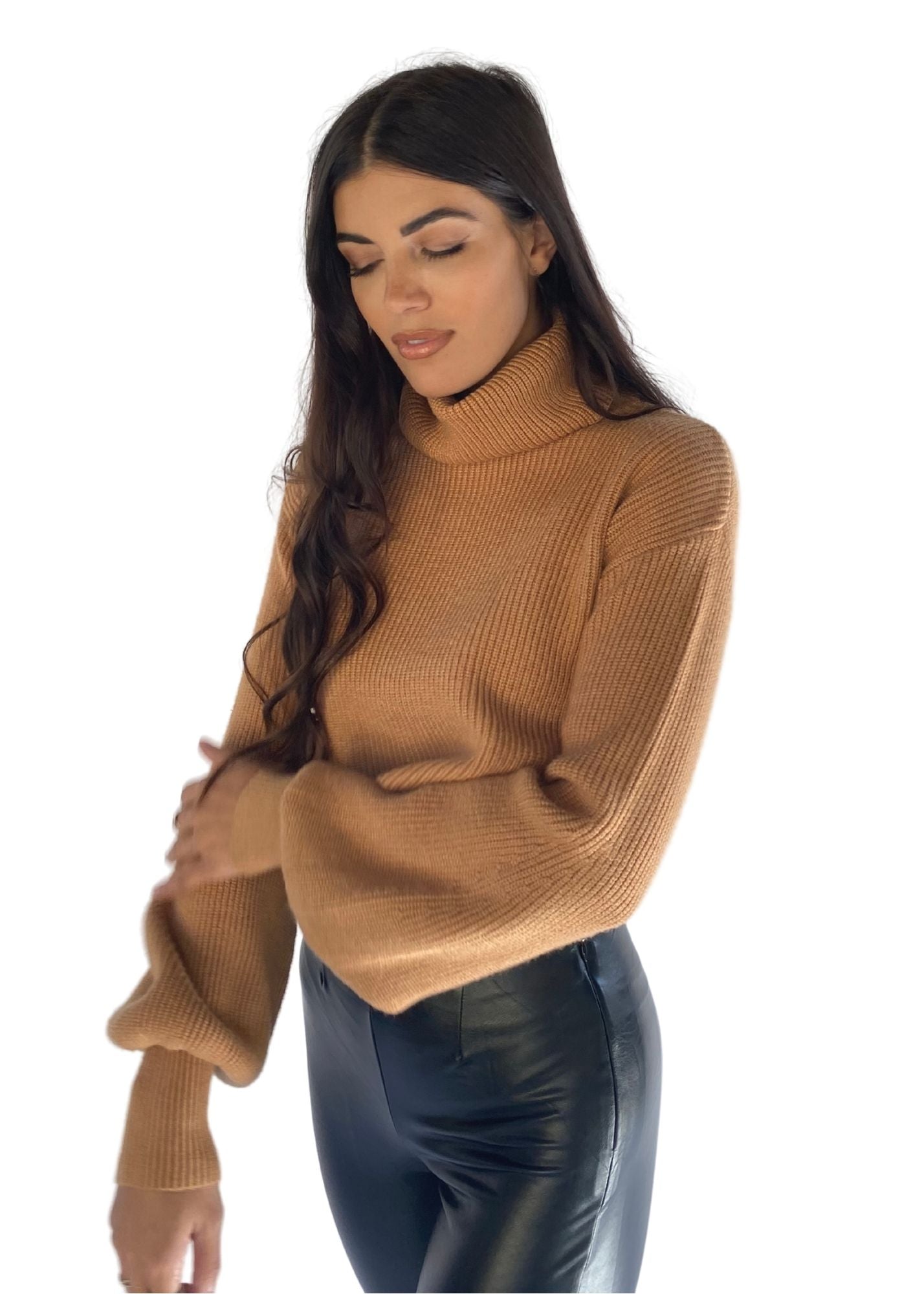 MOODIE | Cropped Turtleneck Sweater in Camel
