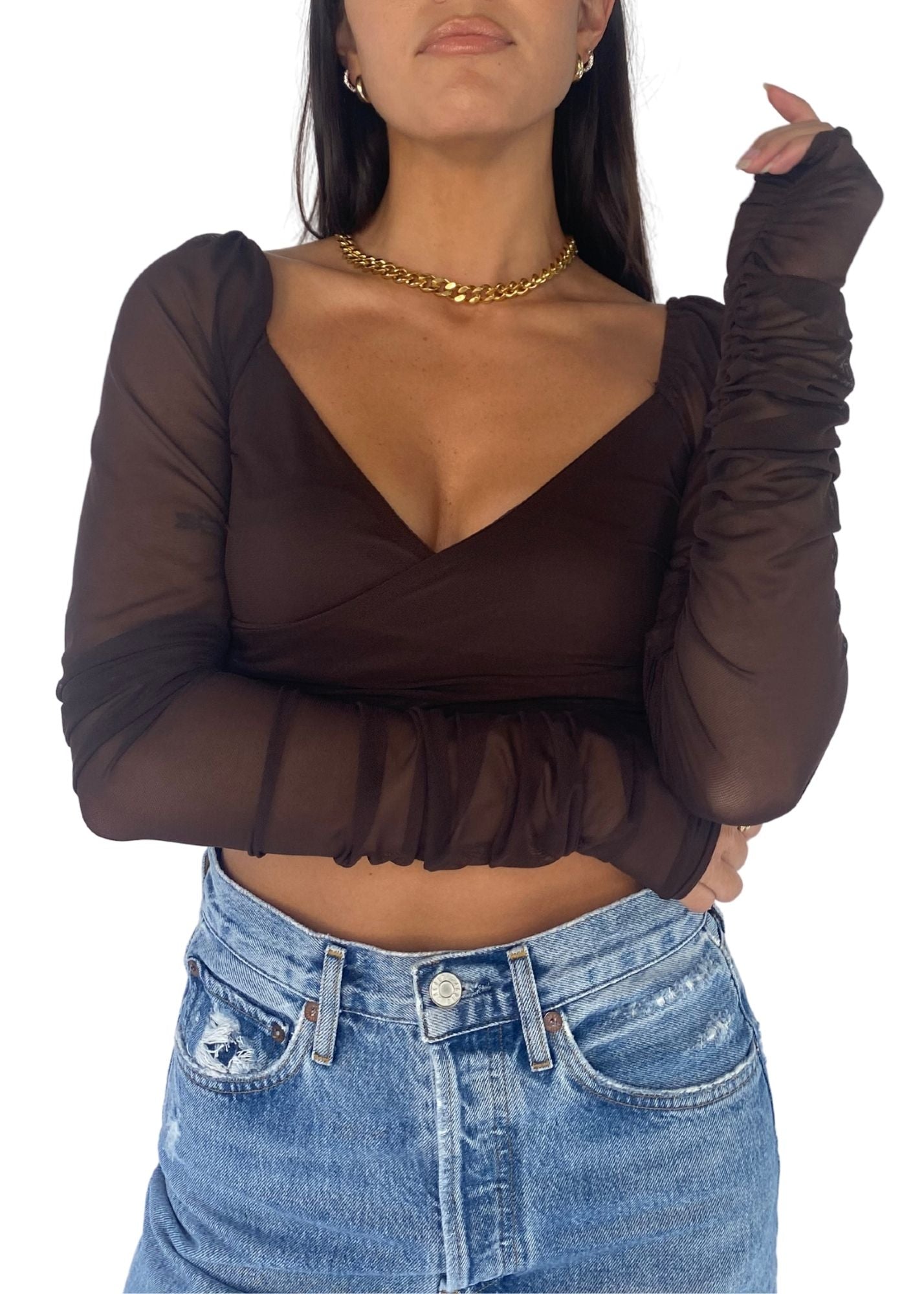 PRETTY GARBAGE | Mesh Ruched Crop Top in Chocolate