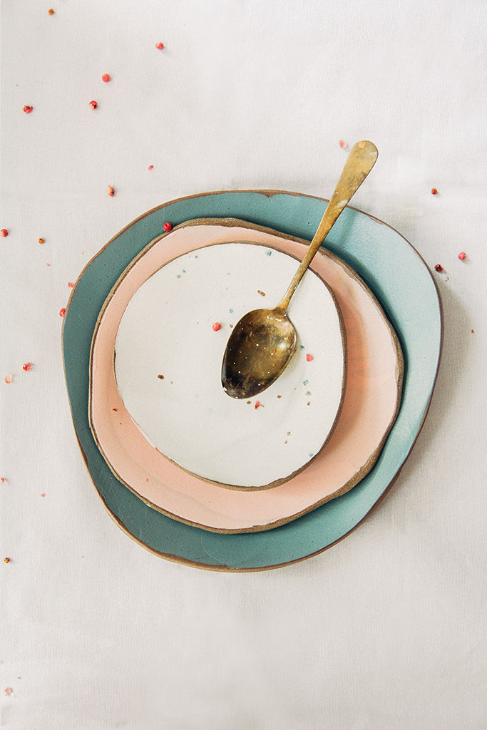 Hana Karim Ceramics handmade tableware, colorful plates, minimal table setting, gold spoon, table decoration ideas