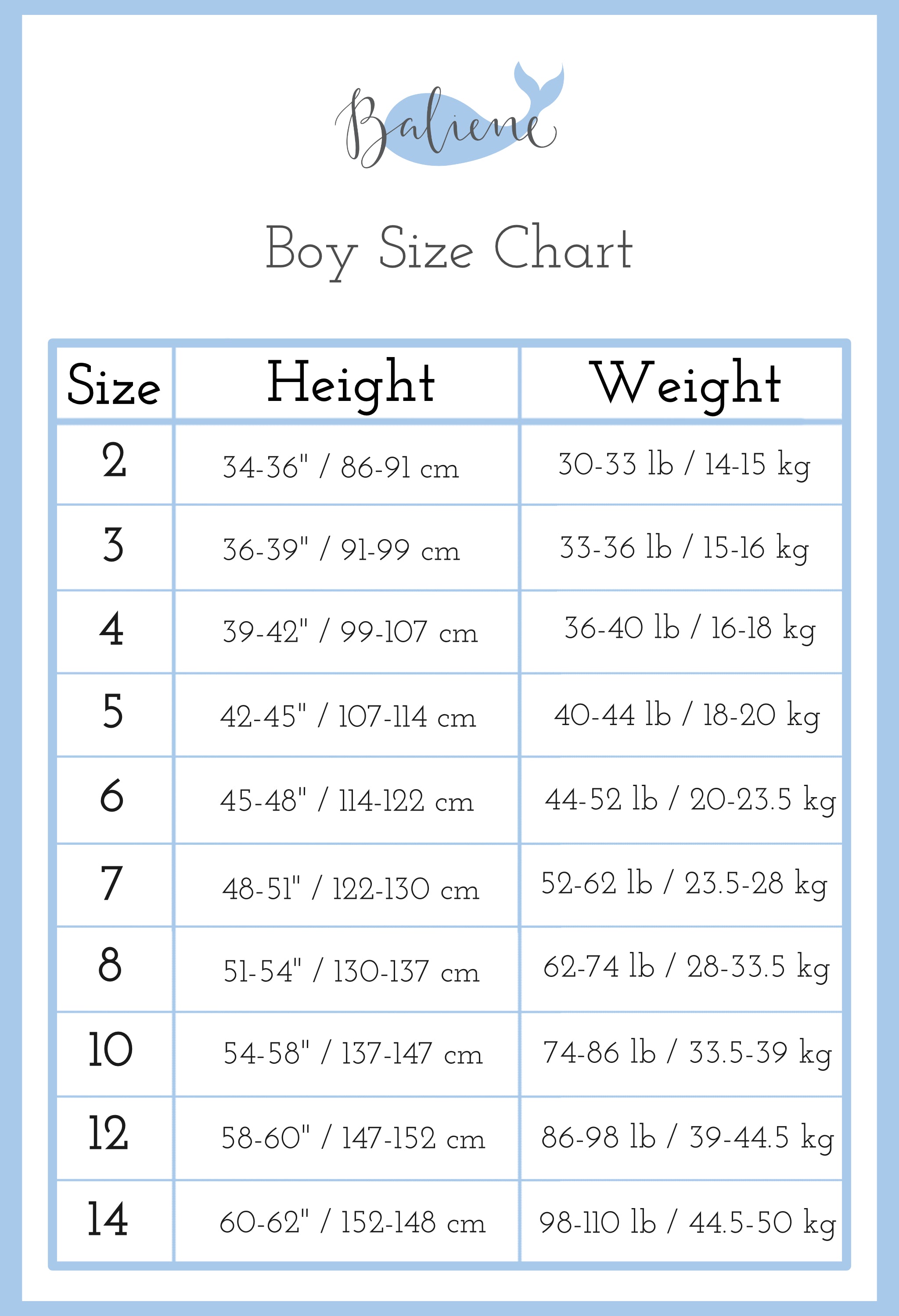 Baliene size chart | Children's Fashion | Highest Quality Linen