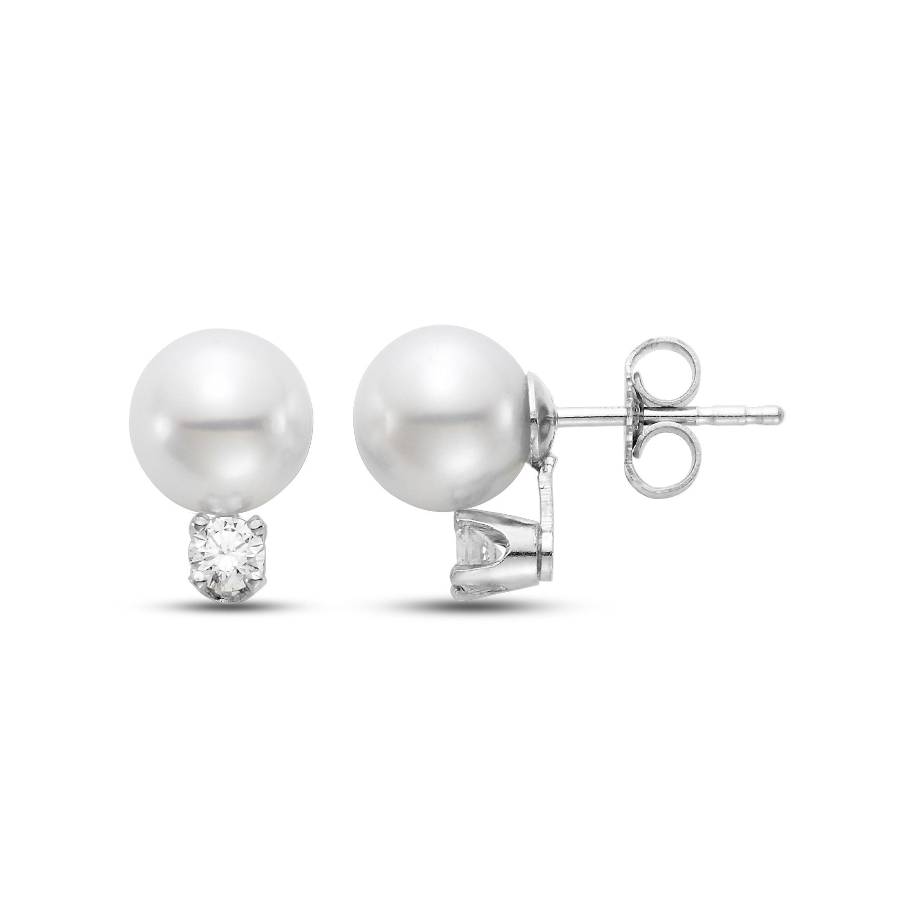 14K White Gold & Yellow Gold Diamond-Accented 8mm-8.5mm AAAA White  Freshwater Cultured Pearl Lever-Back Bridal Dangle Drop Earrings (.085ctw,  GH