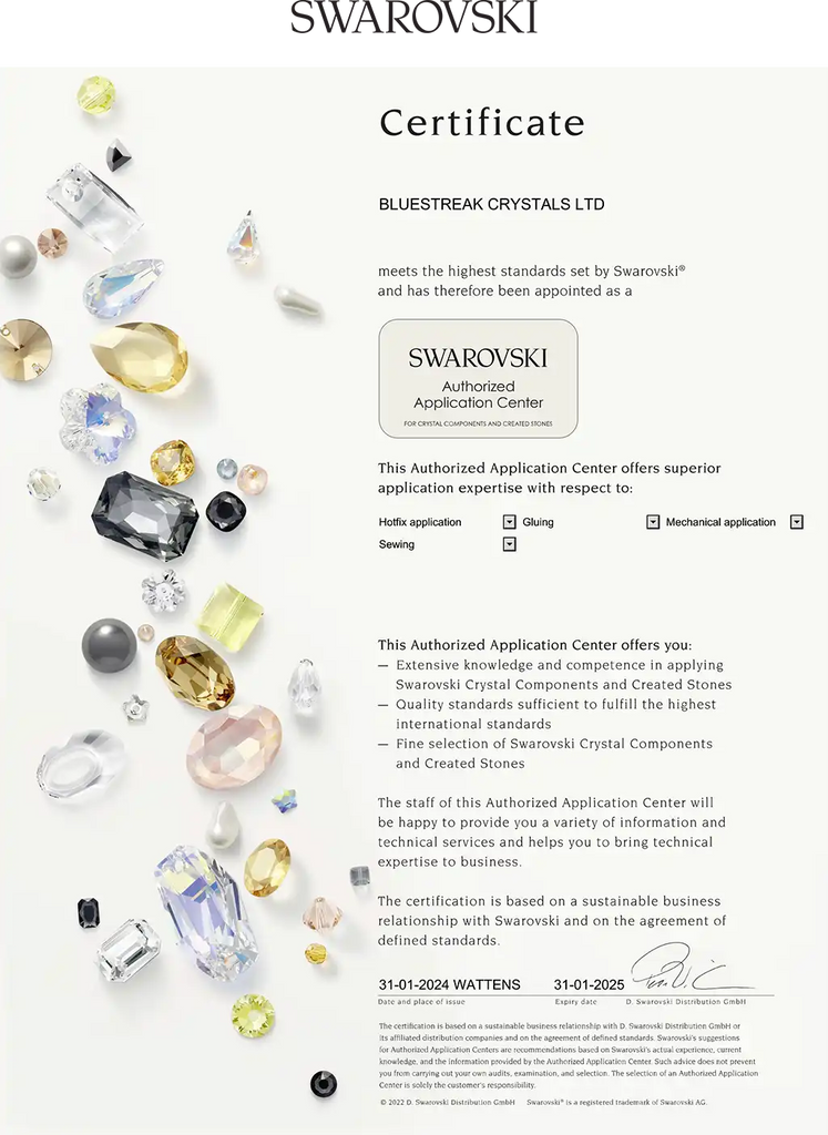 bluestreak crystals is one of very few worldwide Swarovski Authorised Application Centers