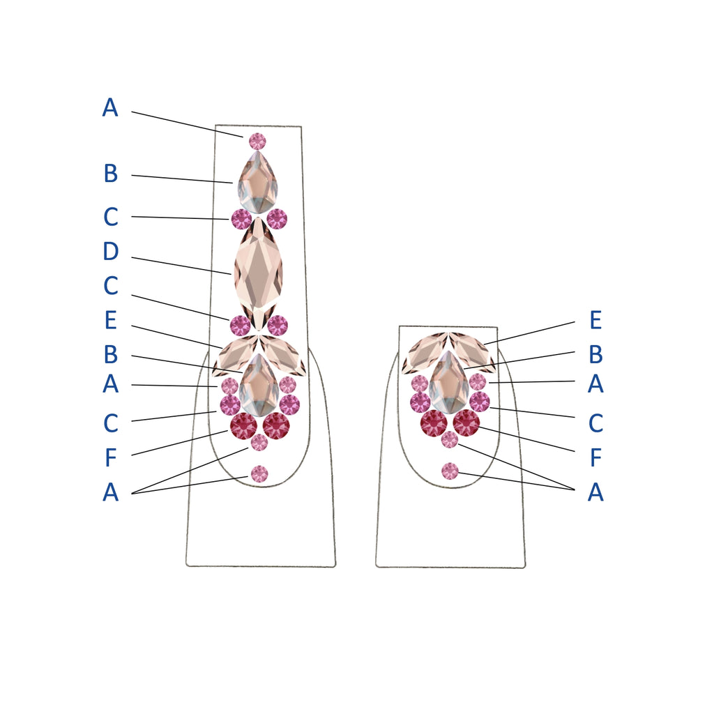 Swarovski Crystals nail art design diagram showing crystal placement for Chantelle crystal nails design
